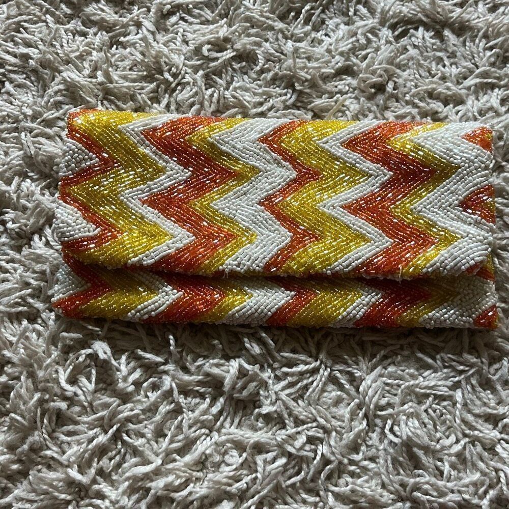 Moyna Beaded Clutch Satin Lining Orange, Yellow, And White Evening Bag, Zipper